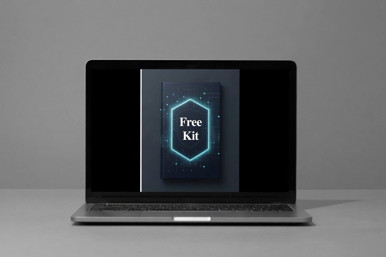 Laptop with a screen displaying 'Free Kit' on a gray background
