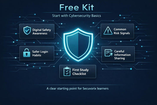 Cybersecurity basics kit with shield icon and text on a dark background