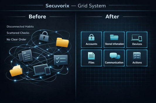 Comparison of 'Before' and 'After' with Secuvorix Grid System icons on a dark background.