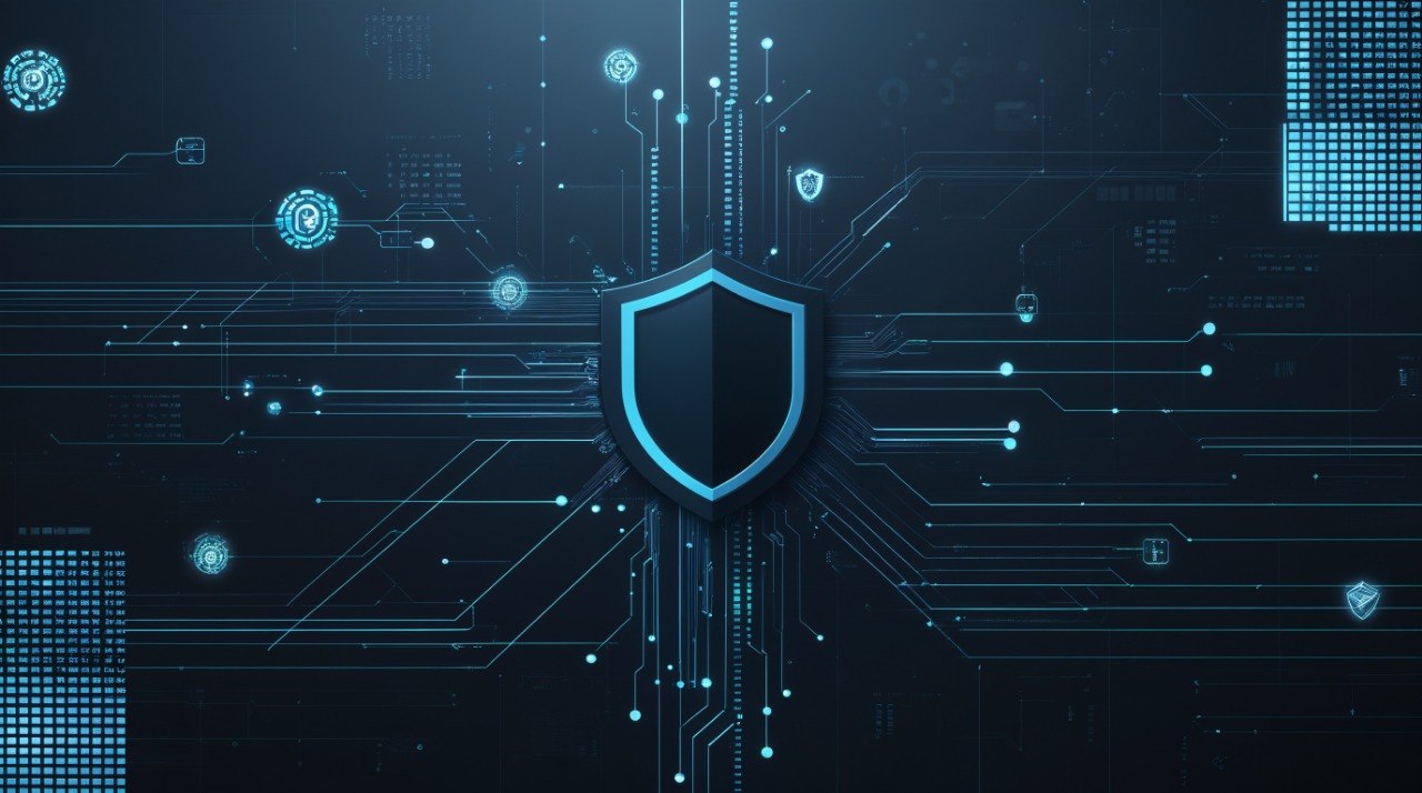 Digital illustration of a shield icon on a futuristic circuit board background