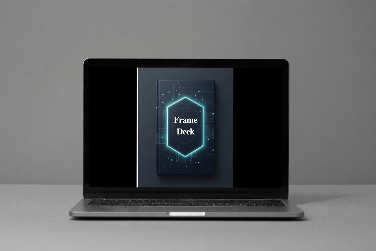 Laptop displaying a digital product called 'Frame Deck' on a gray background