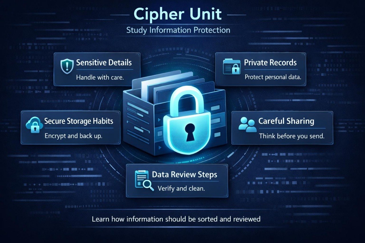 Cipher Unit information protection diagram with lock icon and text on a dark background