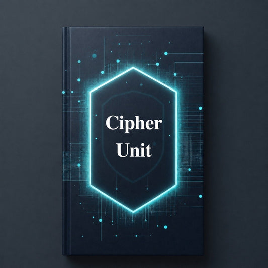 Book titled 'Cipher Unit' with a futuristic design on a dark background