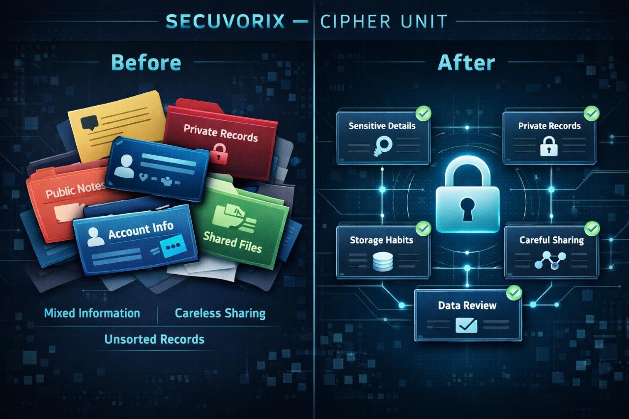 Comparison of data management before and after using Secuvorix Cipher Unit on a dark background.