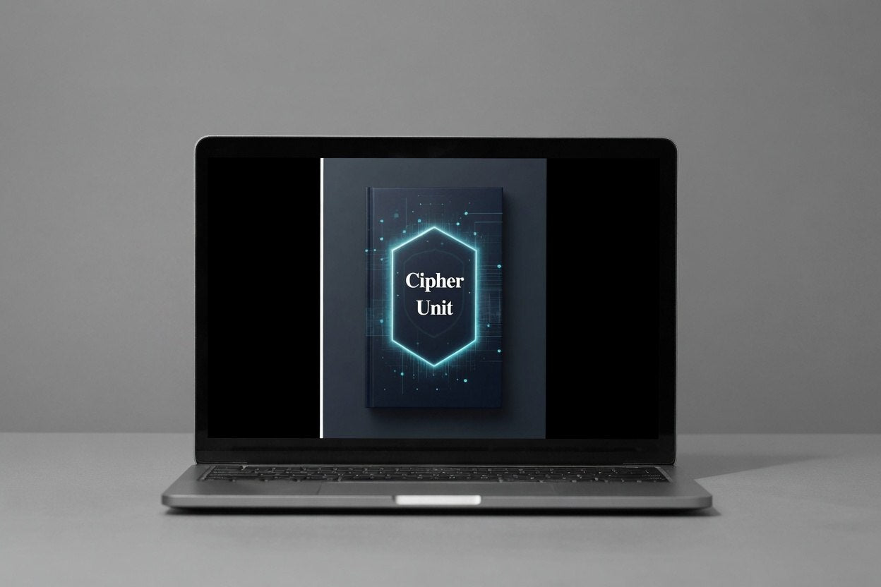 Laptop displaying a digital interface with 'Cipher Unit' on a gray background