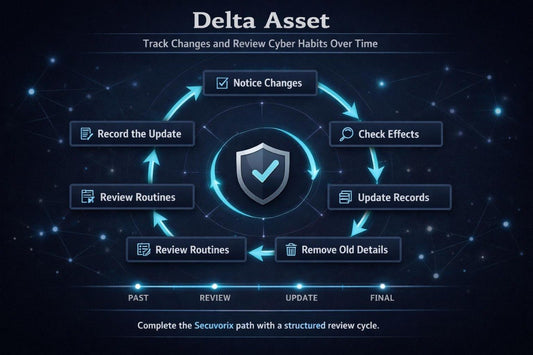 Diagram of a structured review cycle for cyber security with 'Delta Asset' branding.