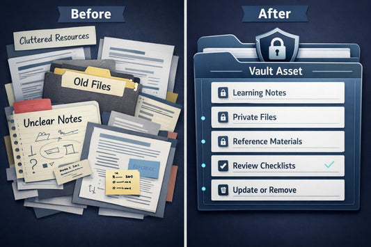 Before and after comparison of disorganized files and organized vault system.