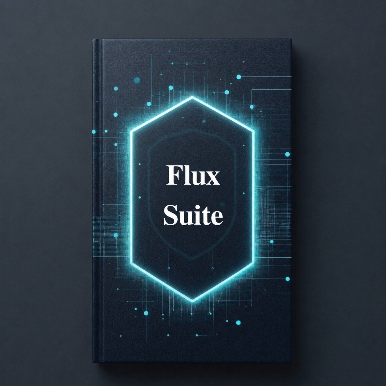 Book titled 'Flux Suite' with a futuristic design on a dark background