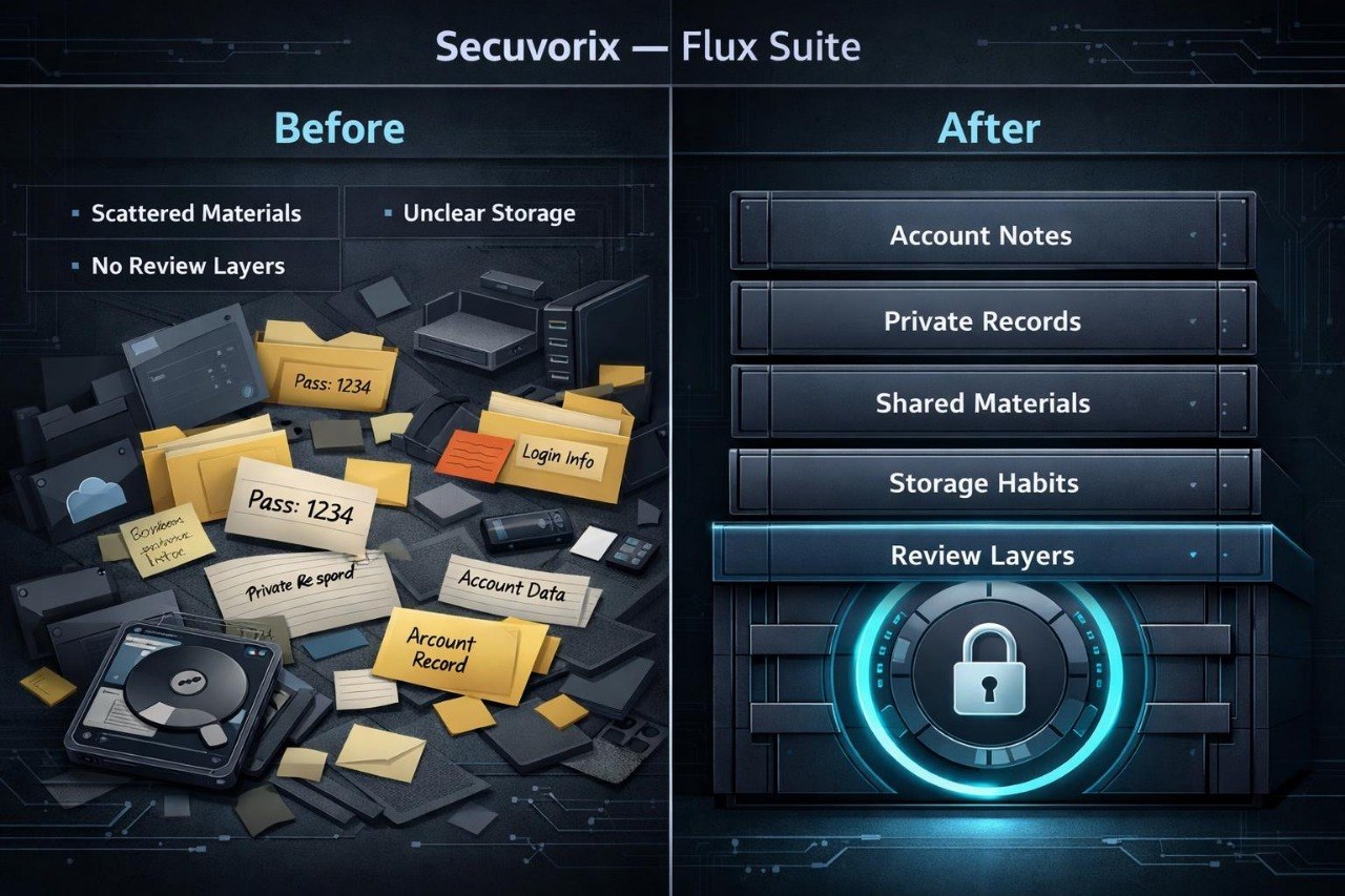 Before and after comparison of Secuvorix Flux Suite organization system with scattered materials on the left and organized categories on the right.