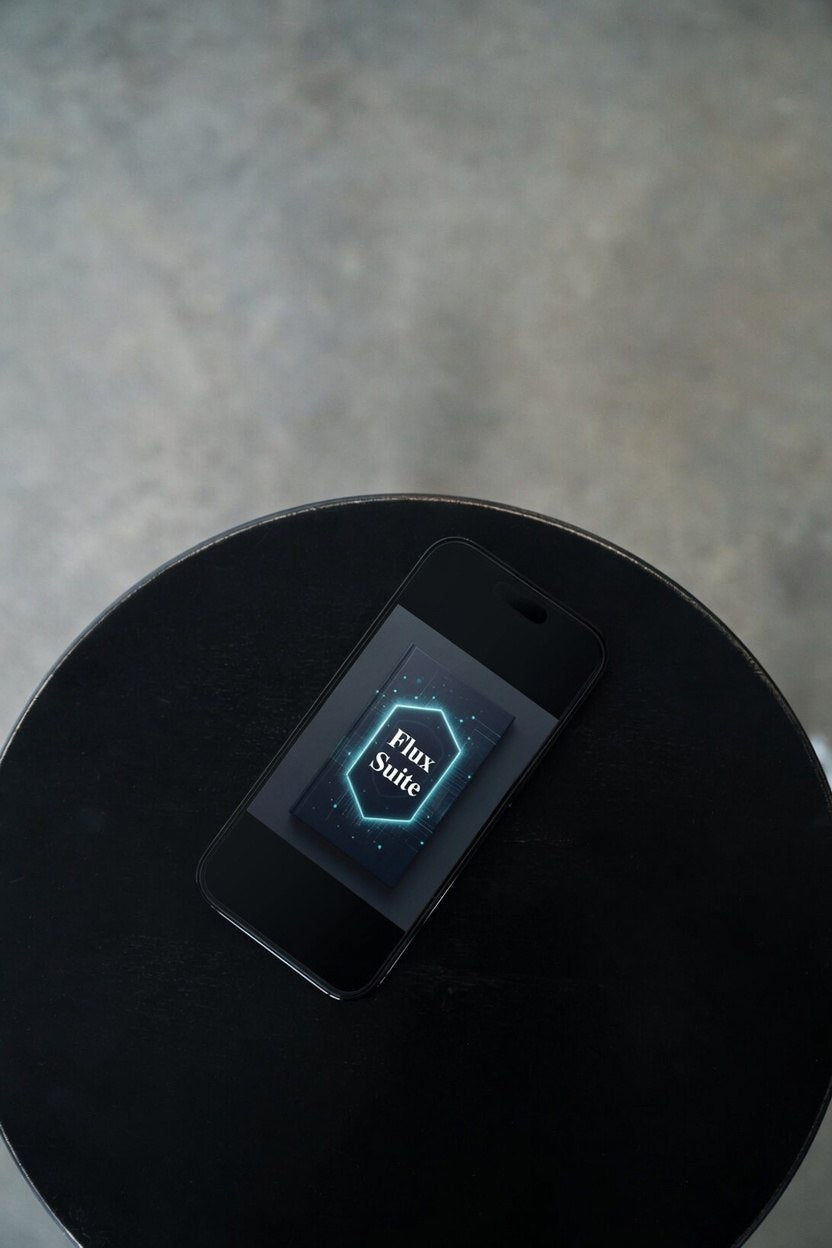 Phone with Flux Suite app icon on a black surface