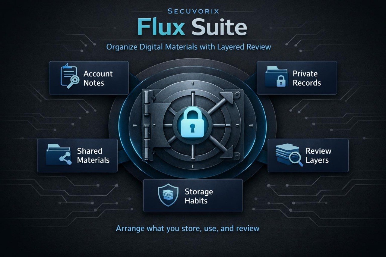 Secuvorix Flux Suite interface with security lock icon and text on a dark background