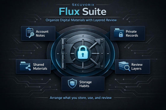 Secuvorix Flux Suite interface with security lock icon and text on a dark background