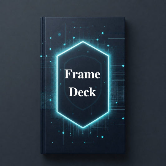 Dark notebook with 'Frame Deck' text and glowing blue hexagonal design on a dark background