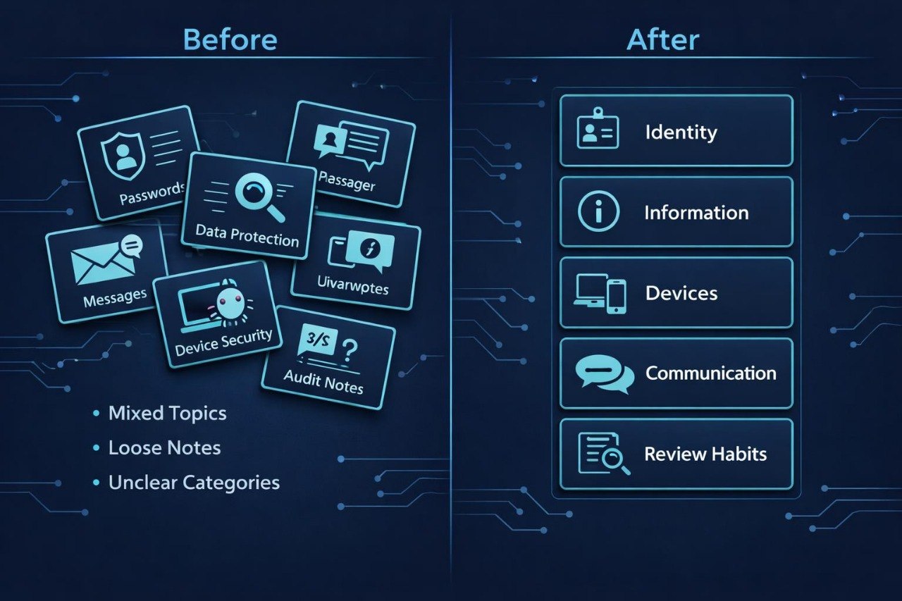 Before and after comparison of organized digital notes on a dark blue background with circuit design elements.
