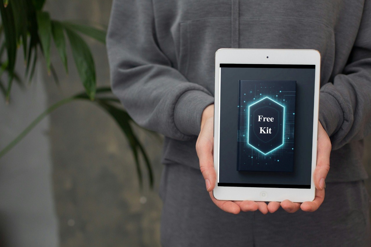 Person holding a tablet with a 'Free Kit' app displayed on the screen, against a neutral background.