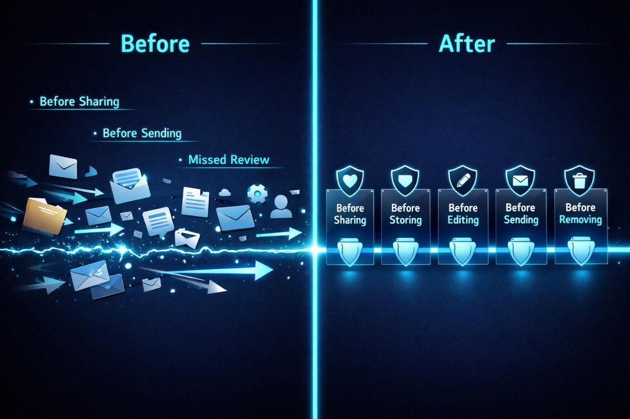 Before and after comparison of data security measures on a dark background with icons.