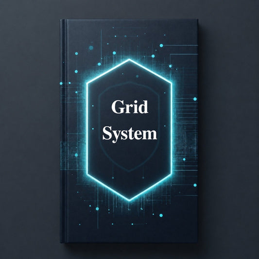 Book titled 'Grid System' with a futuristic design on a dark background