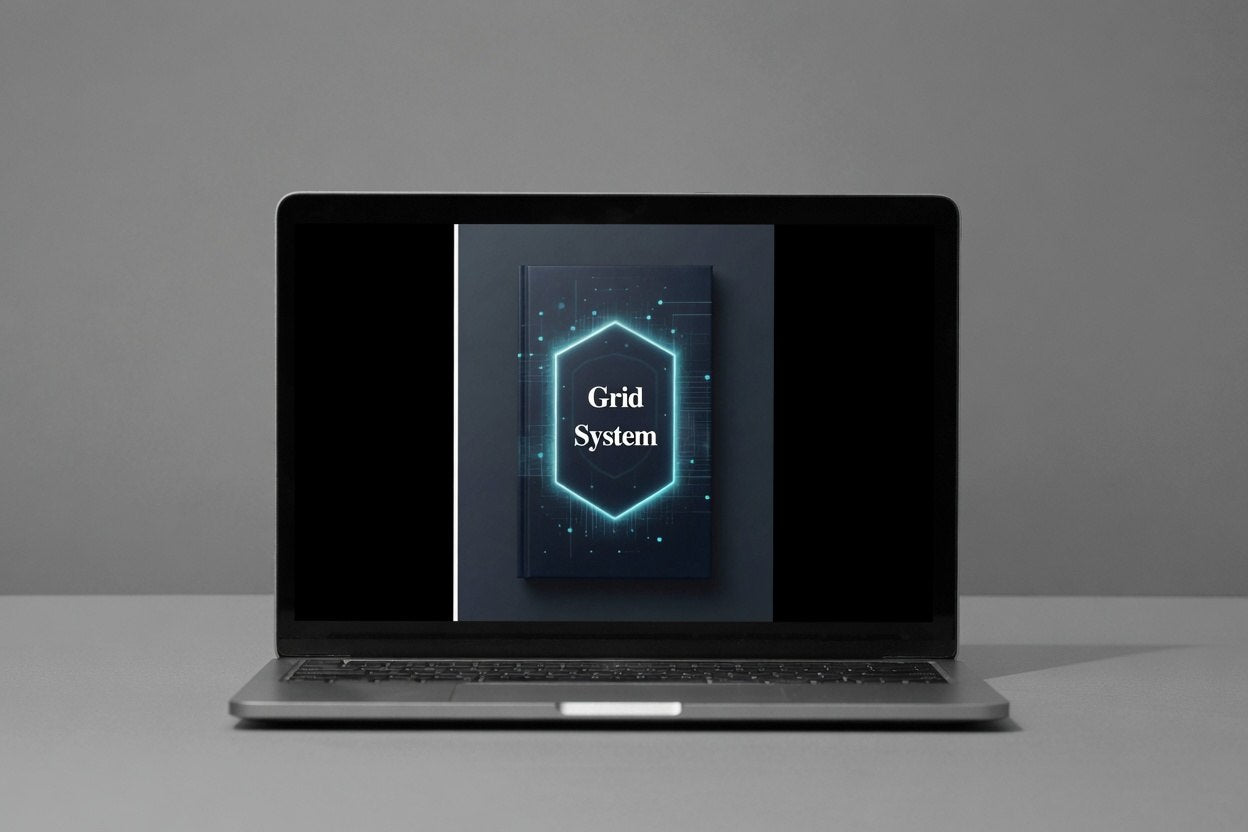 Laptop displaying a digital book cover with 'Grid System' on a gray background