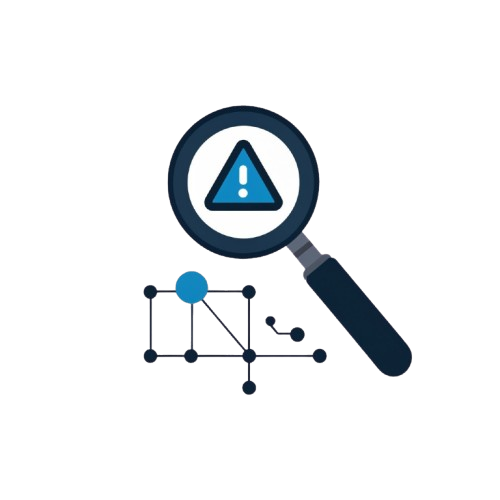 Magnifying glass with a warning triangle icon over a network diagram on a white background