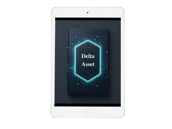 Tablet displaying a digital book cover with 'Delta Asset' on a white background