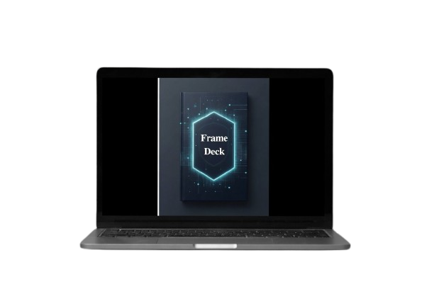 Laptop displaying a digital product named 'Frame Deck' on a white background