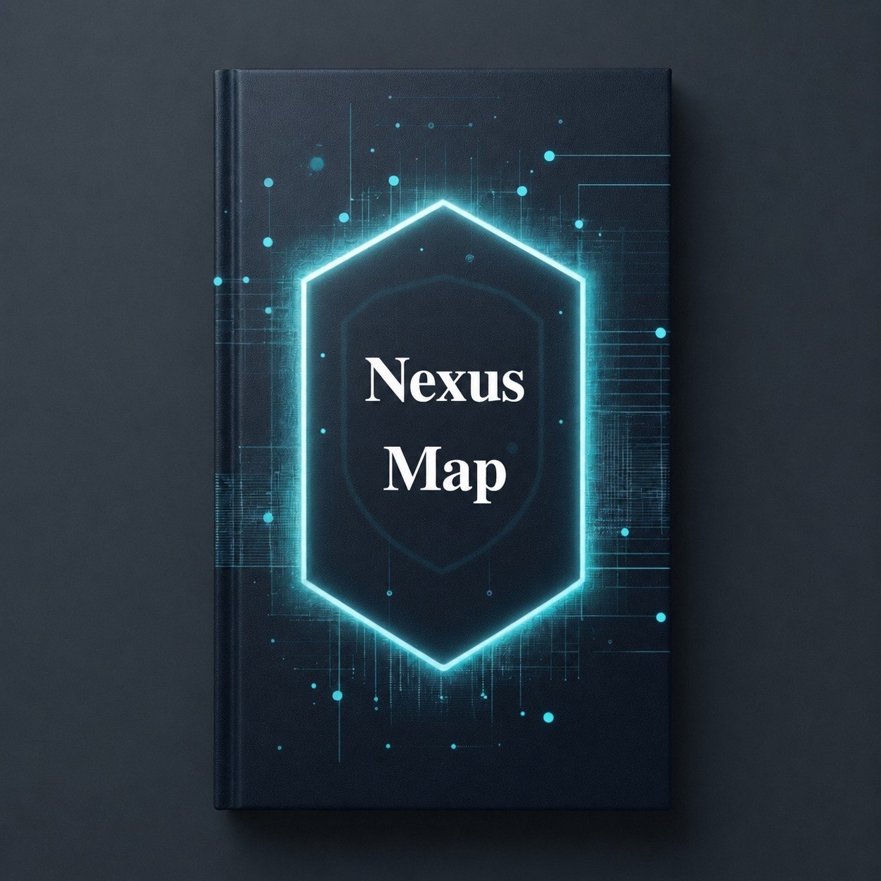 Book titled 'Nexus Map' with futuristic design on a dark background