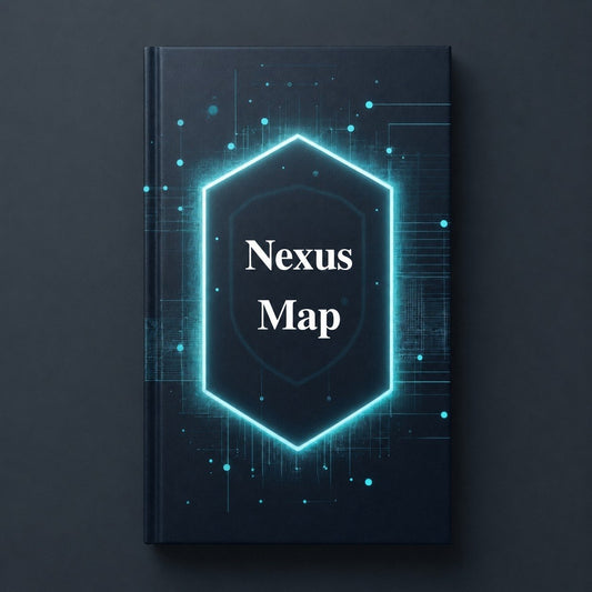 Book titled 'Nexus Map' with futuristic design on a dark background