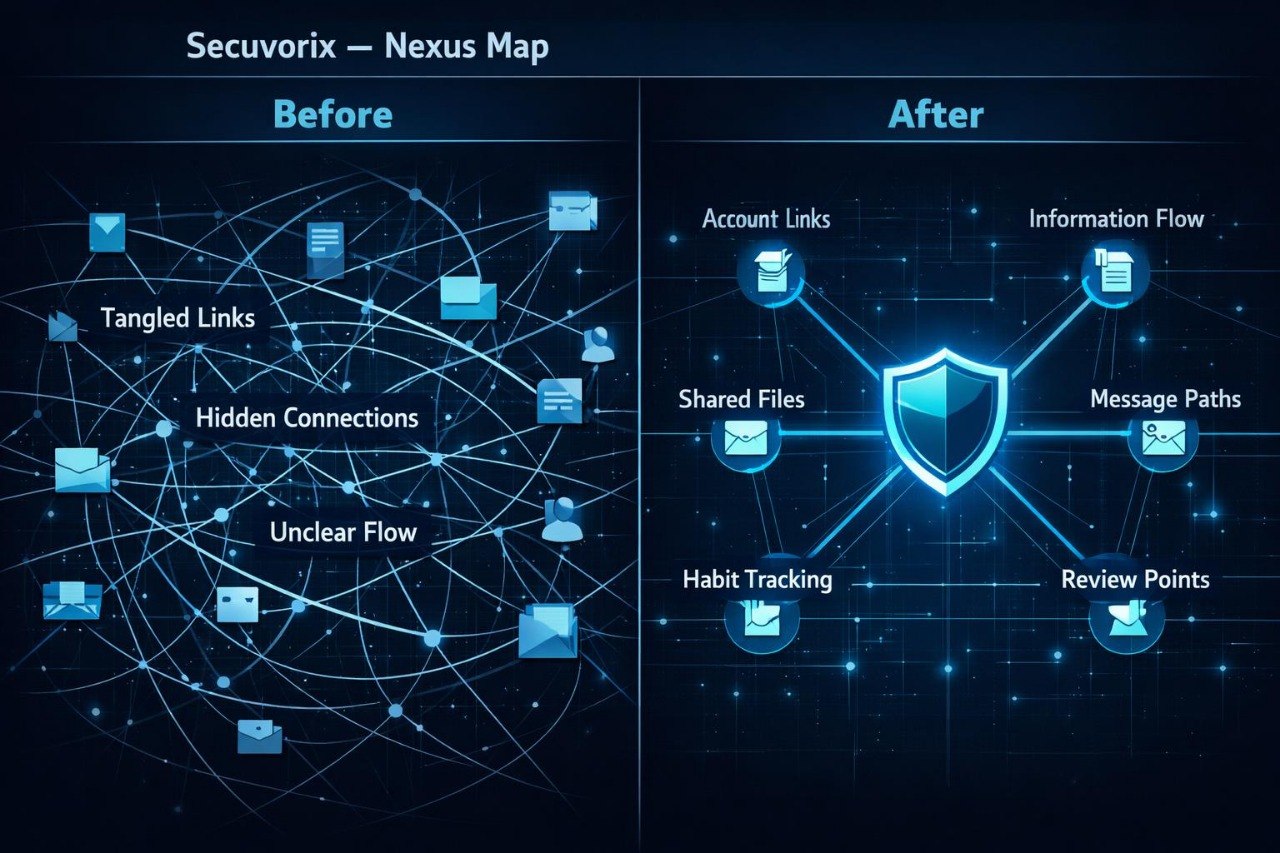 Comparison of Secuvorix Nexus Map 'Before' and 'After' with network diagrams and icons.