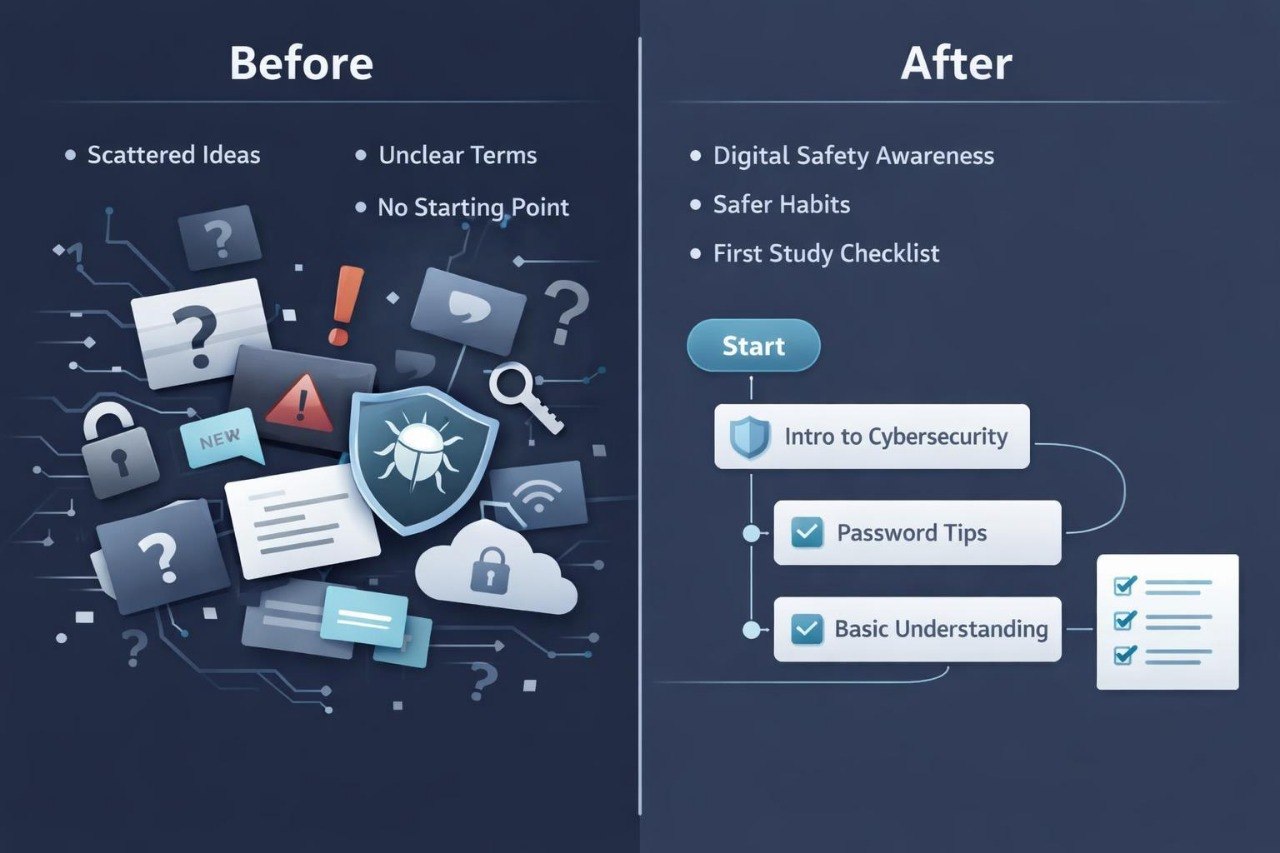 Before and after comparison of cybersecurity concepts with icons and text on a dark background.