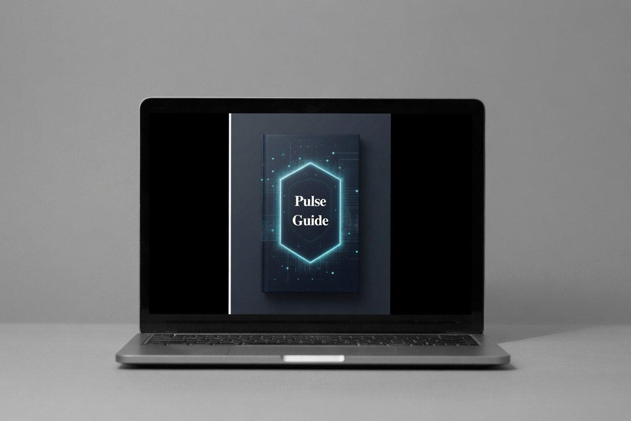 Laptop displaying a digital product called 'Pulse Guide' on a gray background