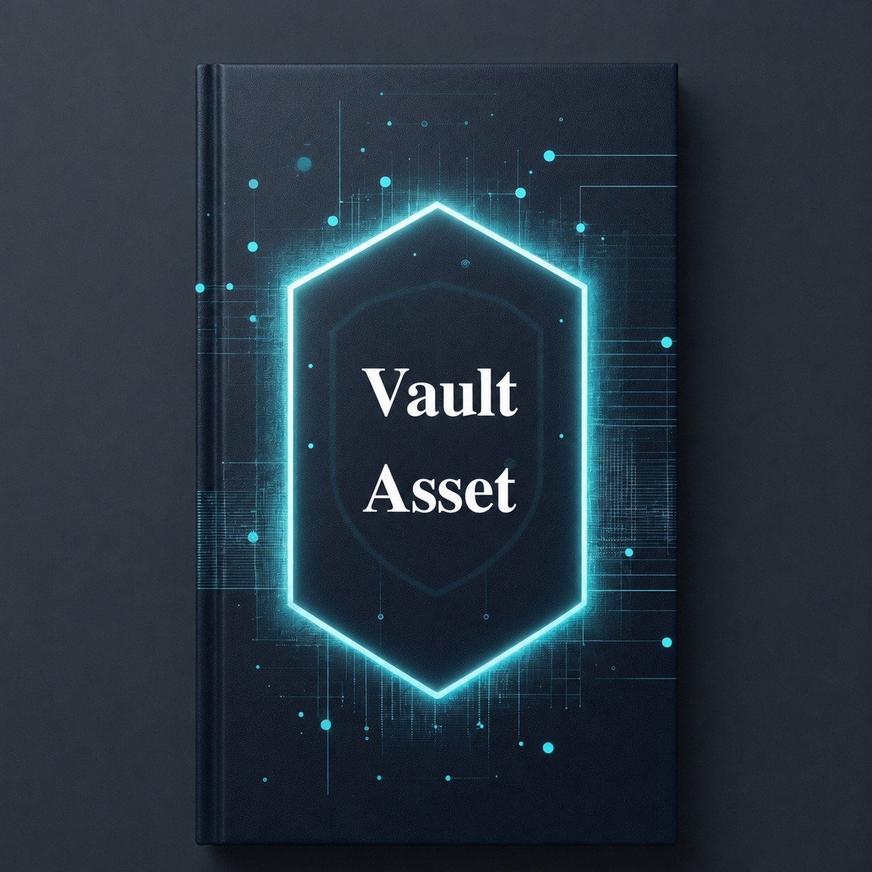 Book or notebook cover with 'Vault Asset' text and neon blue hexagonal design on a dark background