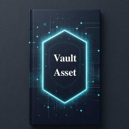 Book or notebook cover with 'Vault Asset' text and neon blue hexagonal design on a dark background