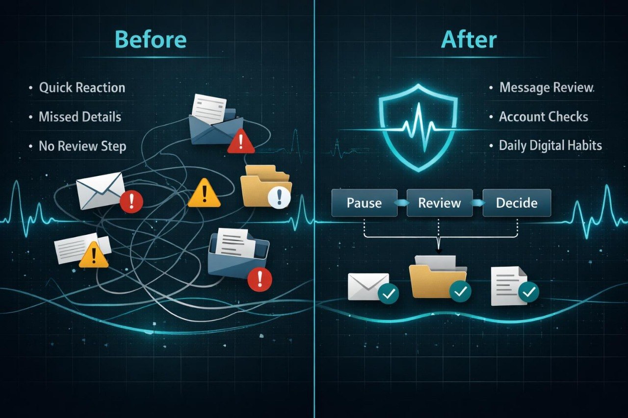 Before and after comparison of digital communication processes with icons and text on a dark background.