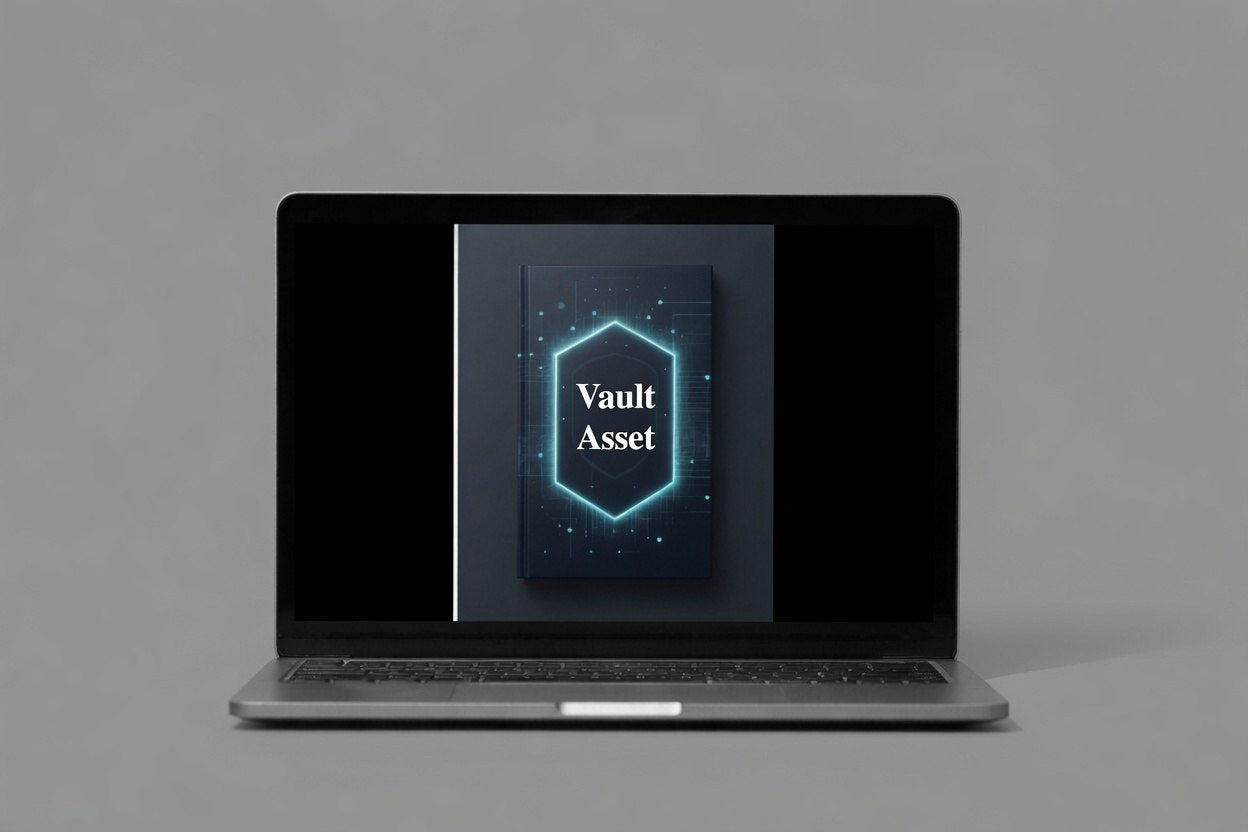 Laptop displaying a digital asset with 'Vault Asset' text on a gray background
